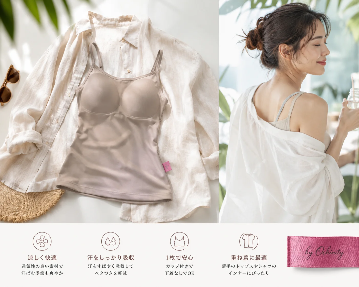 接触冷感・UVカット機能付きの胸パッド付きタンクトップの着用イメージ