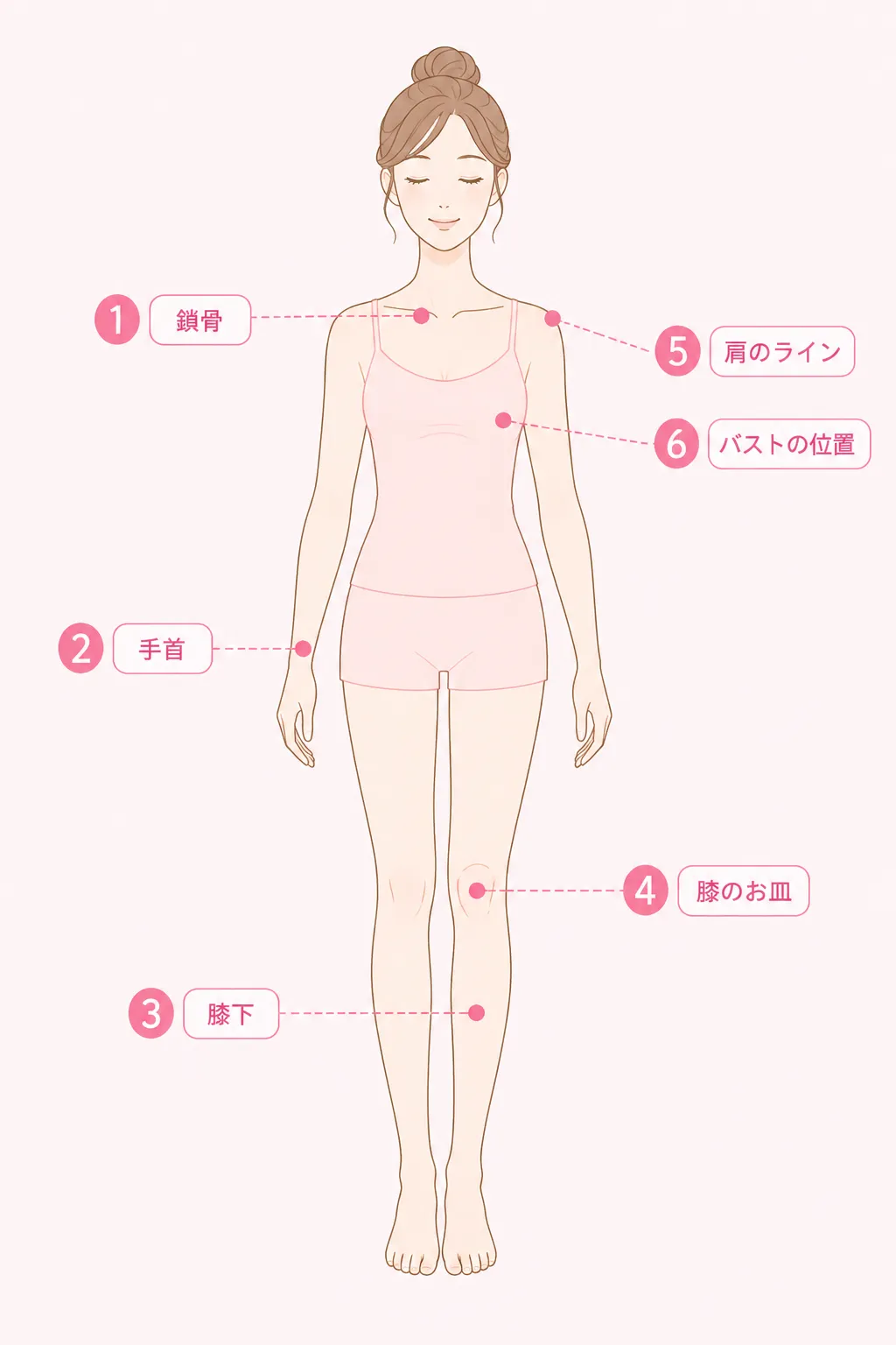 骨格診断セルフチェックの6つのチェックポイント(鎖骨・手首・膝下・膝のお皿・肩のライン・バストの位置)の図解イラスト