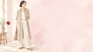 リネンのロングシャツを羽織り、縦長のIラインシルエットで着痩せして見える骨格ナチュラルの女性のイラスト