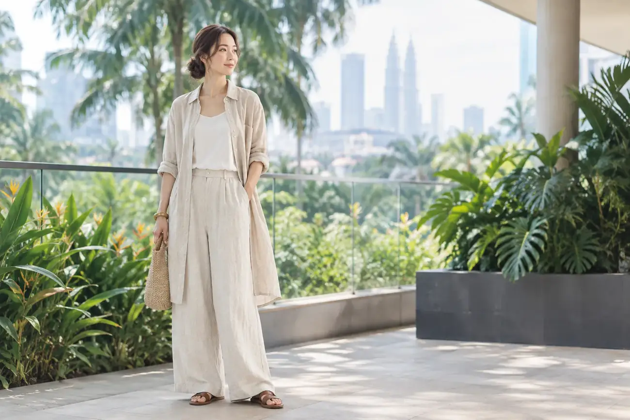 常夏のマレーシアで骨格ナチュラルが涼しく着痩せして見える、薄手リネンのロングシャツとワイドパンツのコーディネート