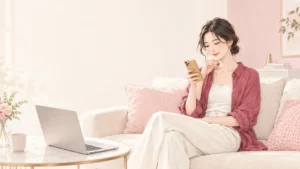 スマートフォンで骨格診断の結果画面を見ながら微笑む30代女性のイラスト