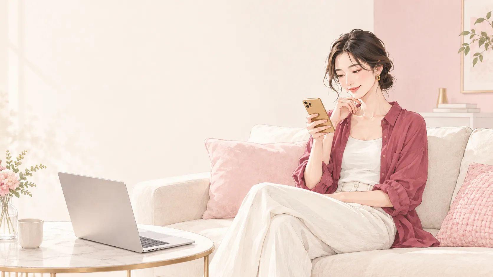 スマートフォンで骨格診断の結果画面を見ながら微笑む30代女性のイラスト