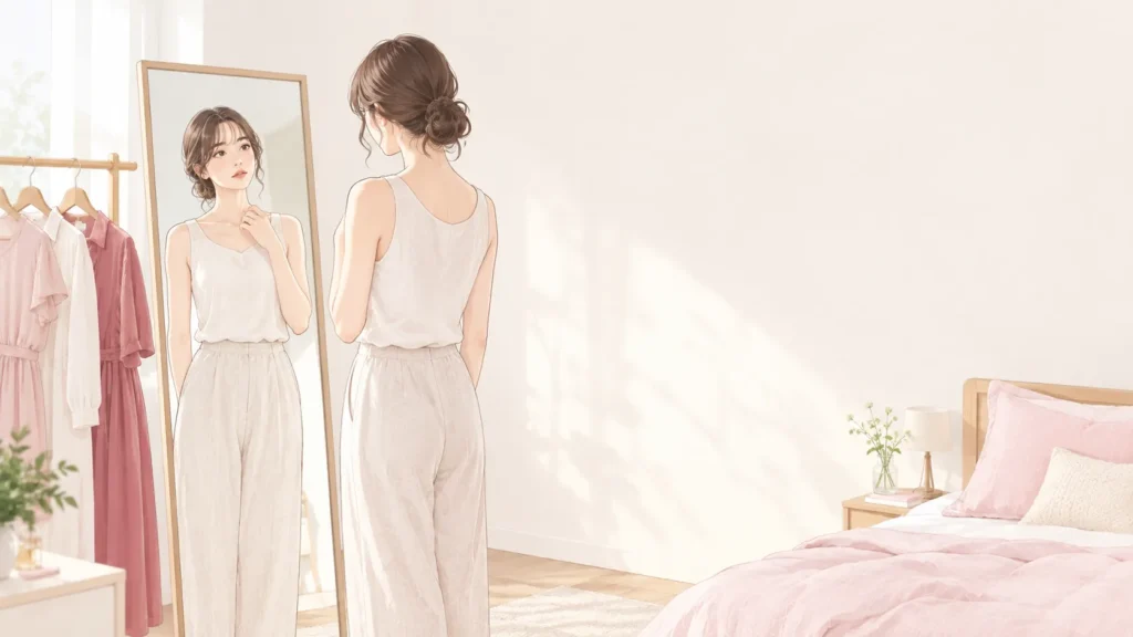 鏡の前で自分の鎖骨を確かめながら、骨格タイプがわからず迷っている30代女性のイラスト