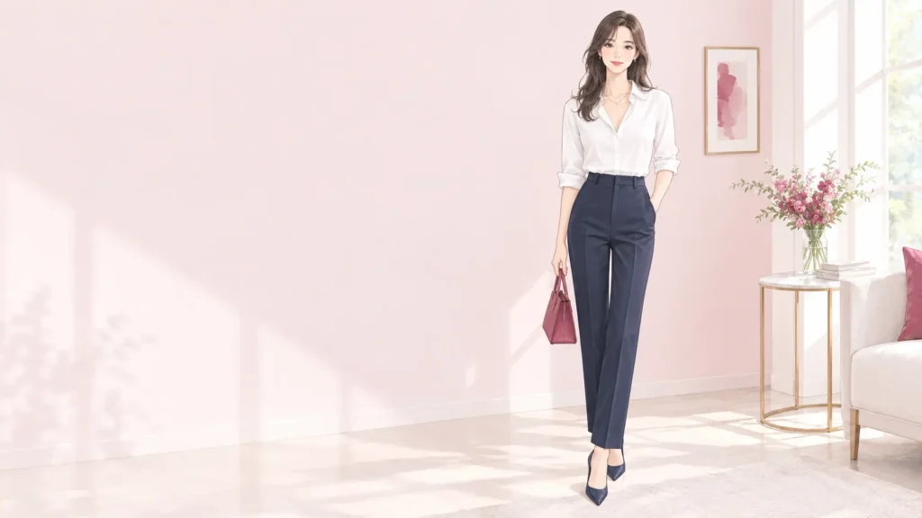 Vネックのジャストサイズなシャツとセンタープレスパンツで、上半身をすっきり見せた骨格ストレートの女性のイラスト