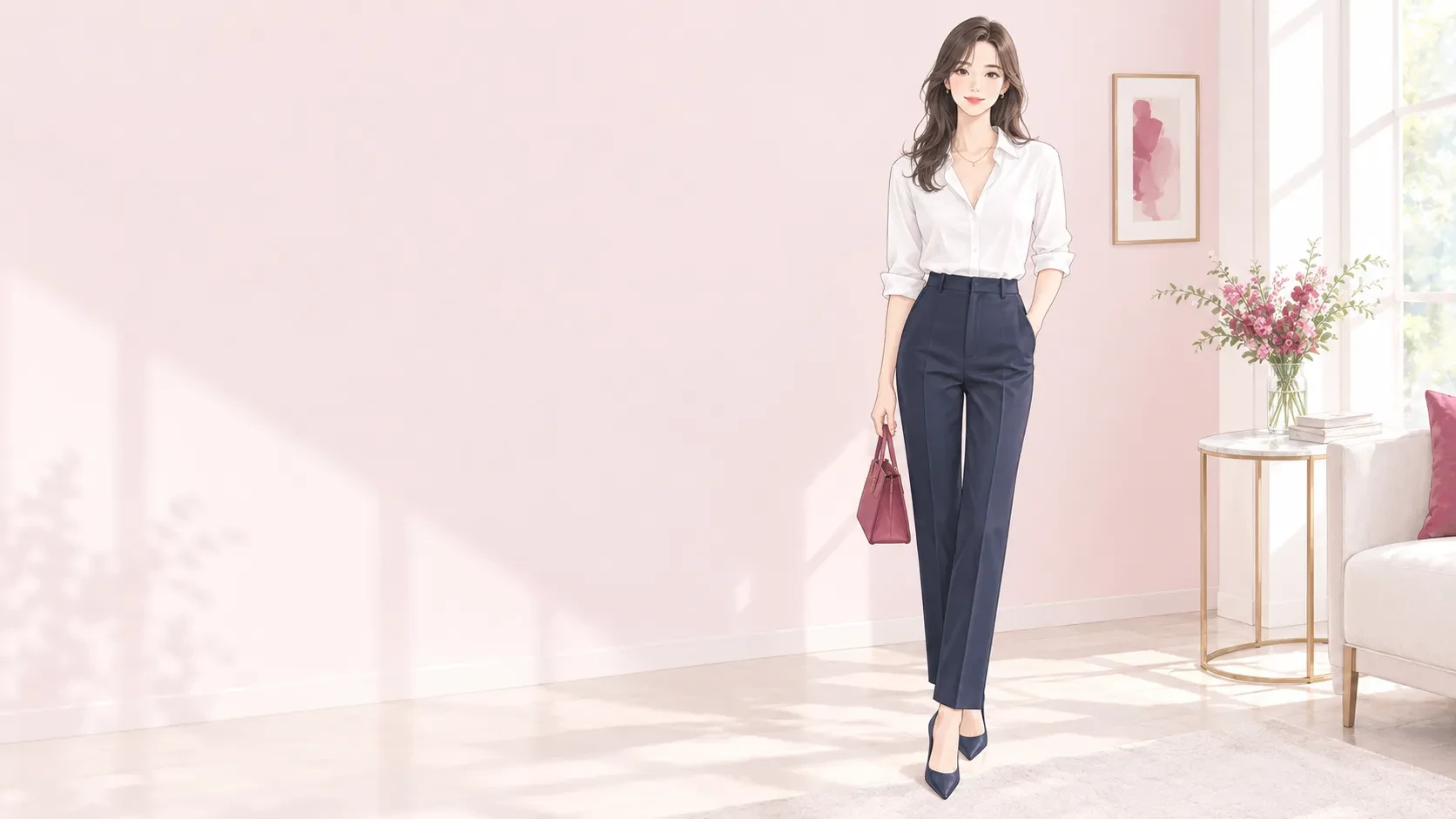 Vネックのジャストサイズなシャツとセンタープレスパンツで、上半身をすっきり見せた骨格ストレートの女性のイラスト