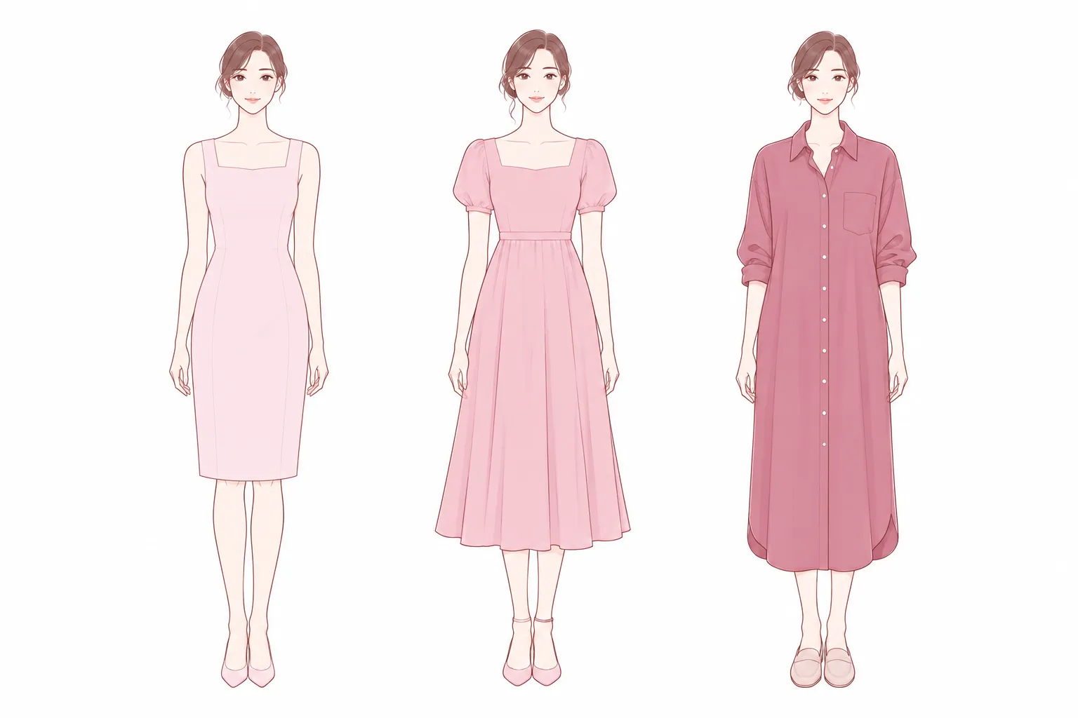 骨格ストレート・ウェーブ・ナチュラルの3タイプに似合うワンピースのシルエットの違いを表したイラスト