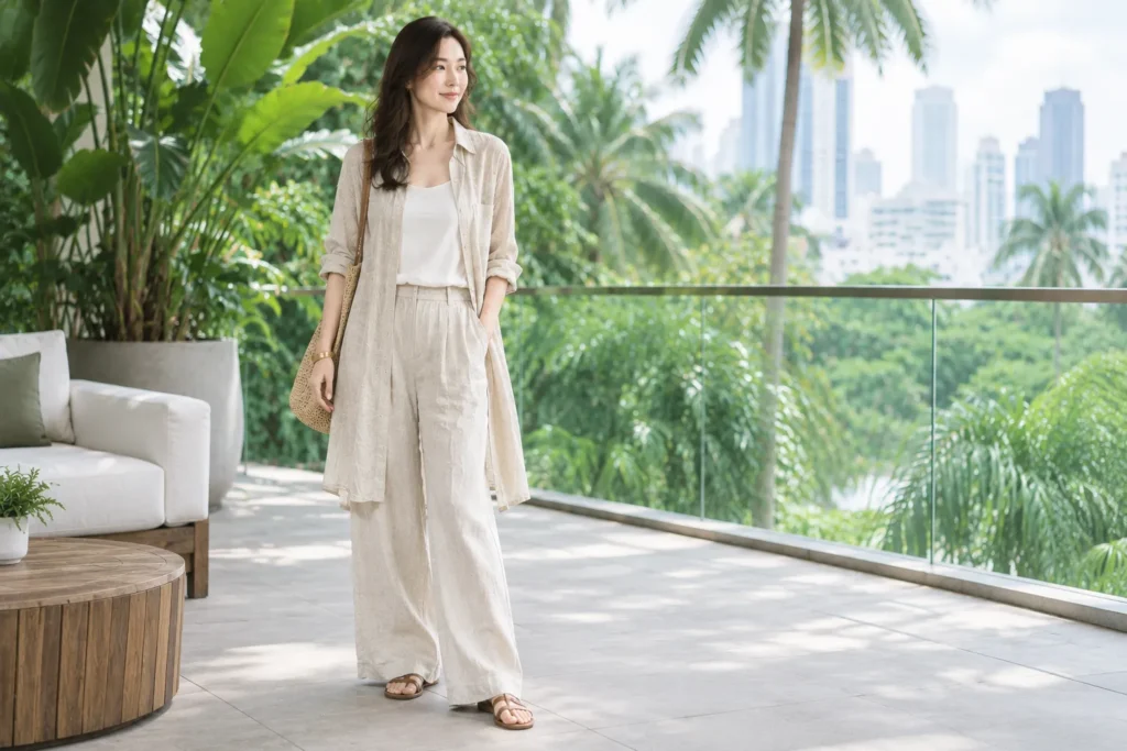 常夏のマレーシアのテラスで、薄手リネンのロングシャツとワイドパンツを涼しく着こなす女性
