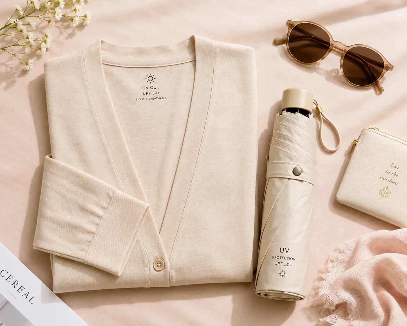 Flat lay of a UV-cut cooling cardigan with sunglasses, a UV umbrella, and other sun-protection items