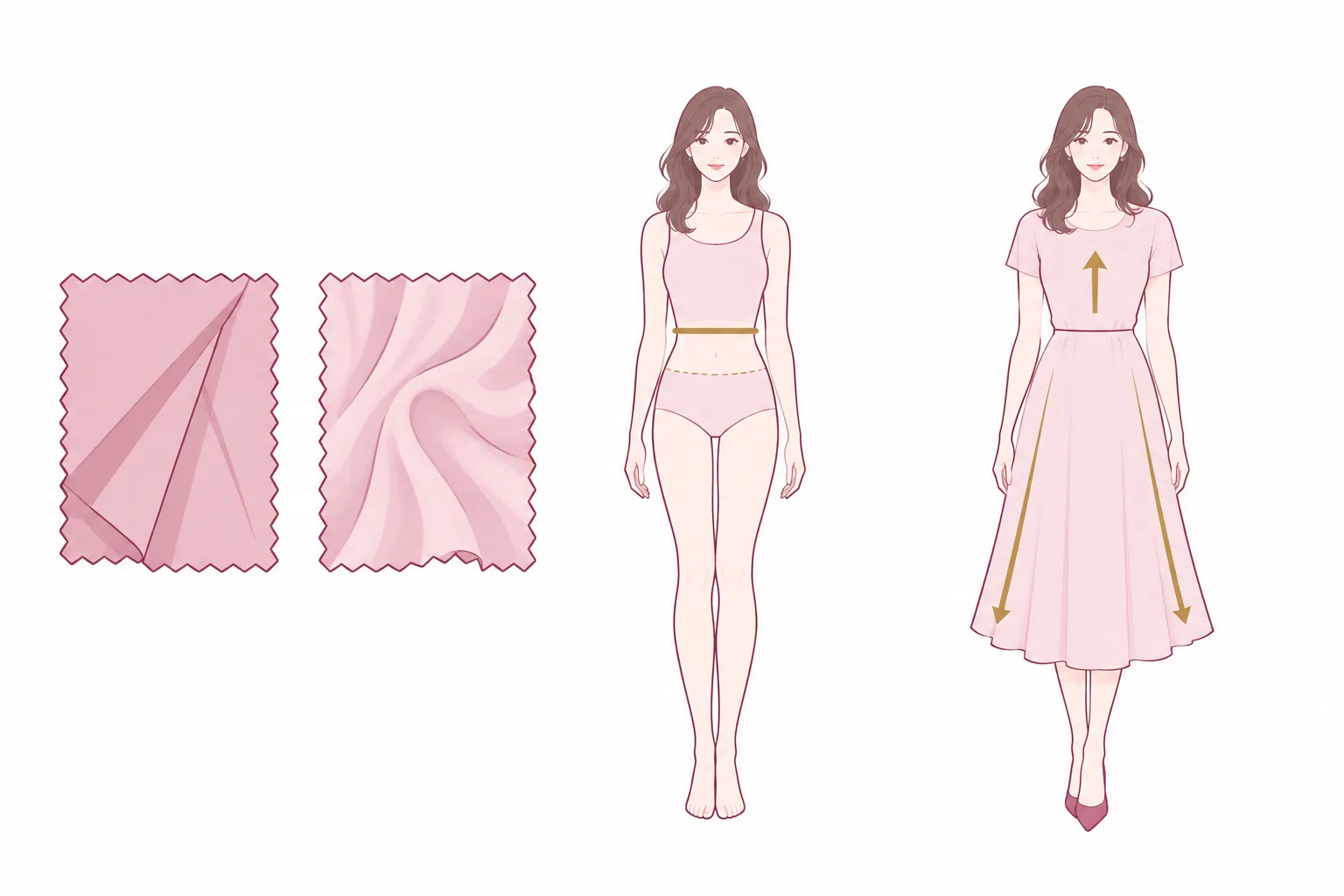 骨格ウェーブのNGコーデを直す3つのポイント（素材・ウエスト位置・重心）を示すアイコンイラスト