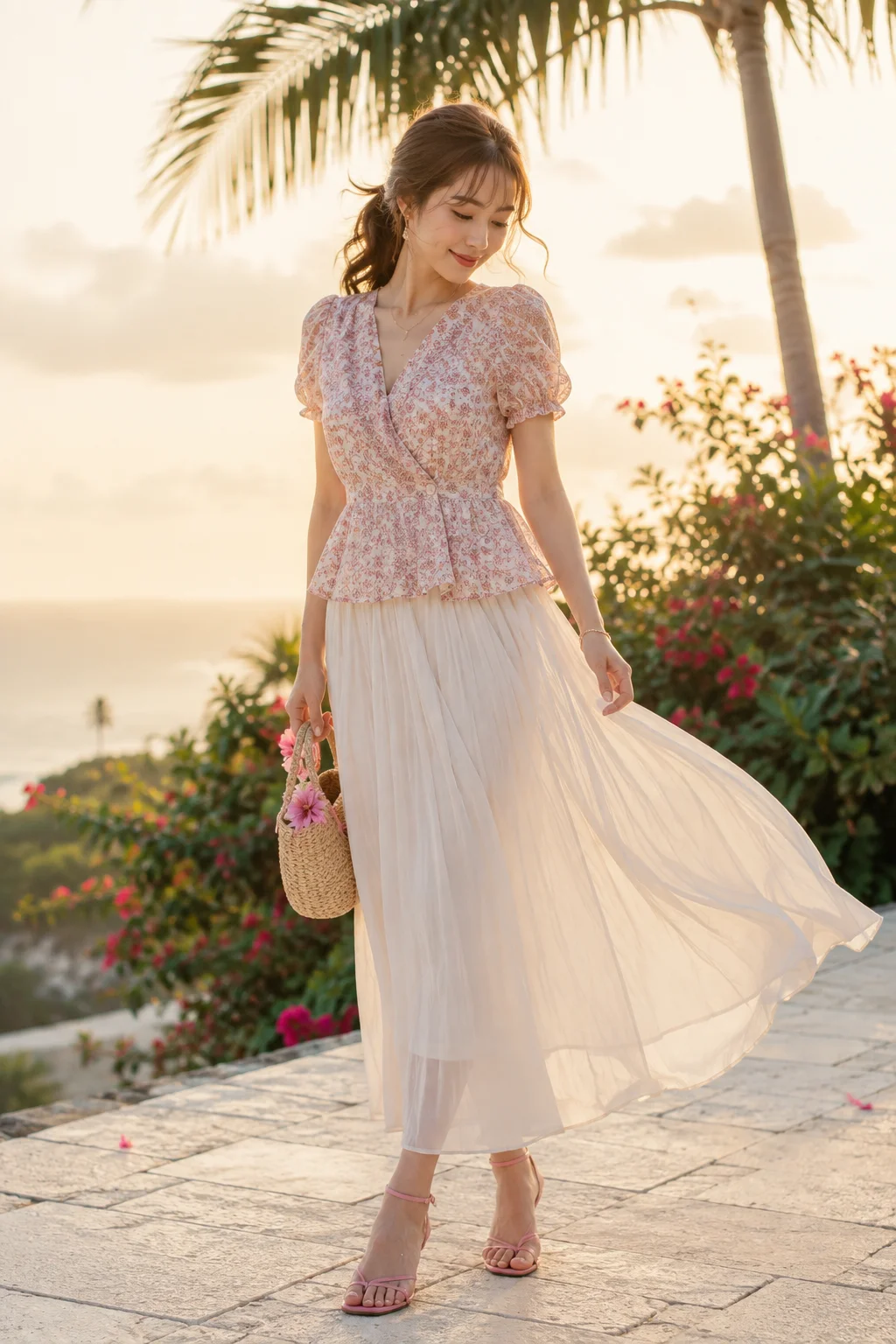 骨格ウェーブタイプにおすすめの花柄ペプラムブラウス×ロングスカートの常夏コーデ例