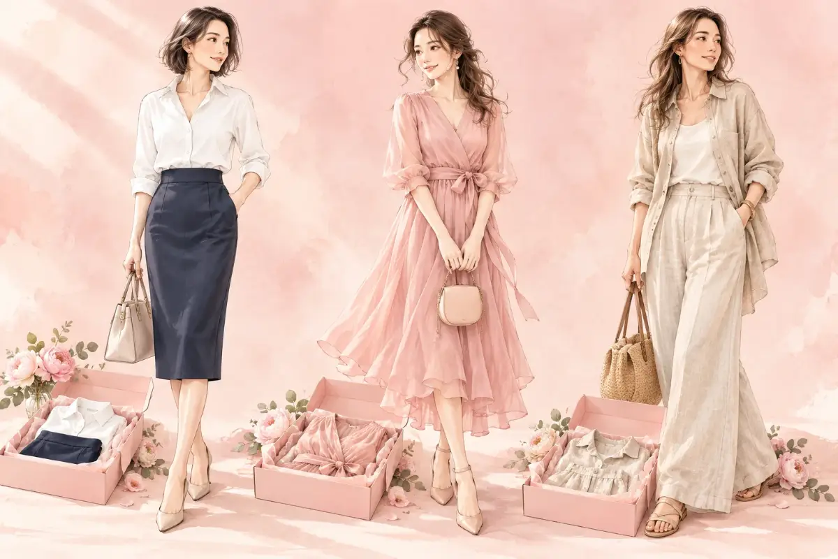骨格ストレート・ウェーブ・ナチュラルの女性が、それぞれ似合う服（白シャツ×タイトスカート、ピンクのラップワンピース、リネンシャツ×ワイドパンツ）を着て並ぶイラスト