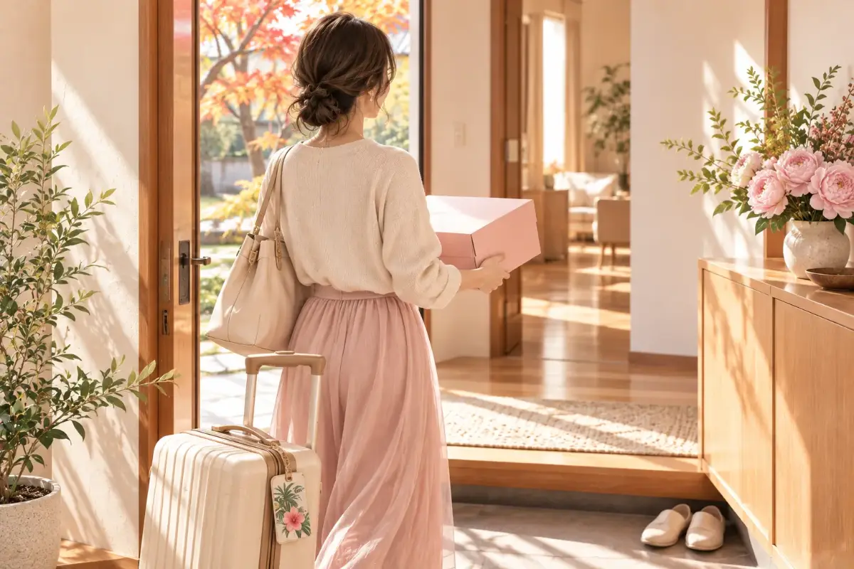 一時帰国で日本の実家に着き、届いたファッションレンタルの箱を受け取る女性の後ろ姿