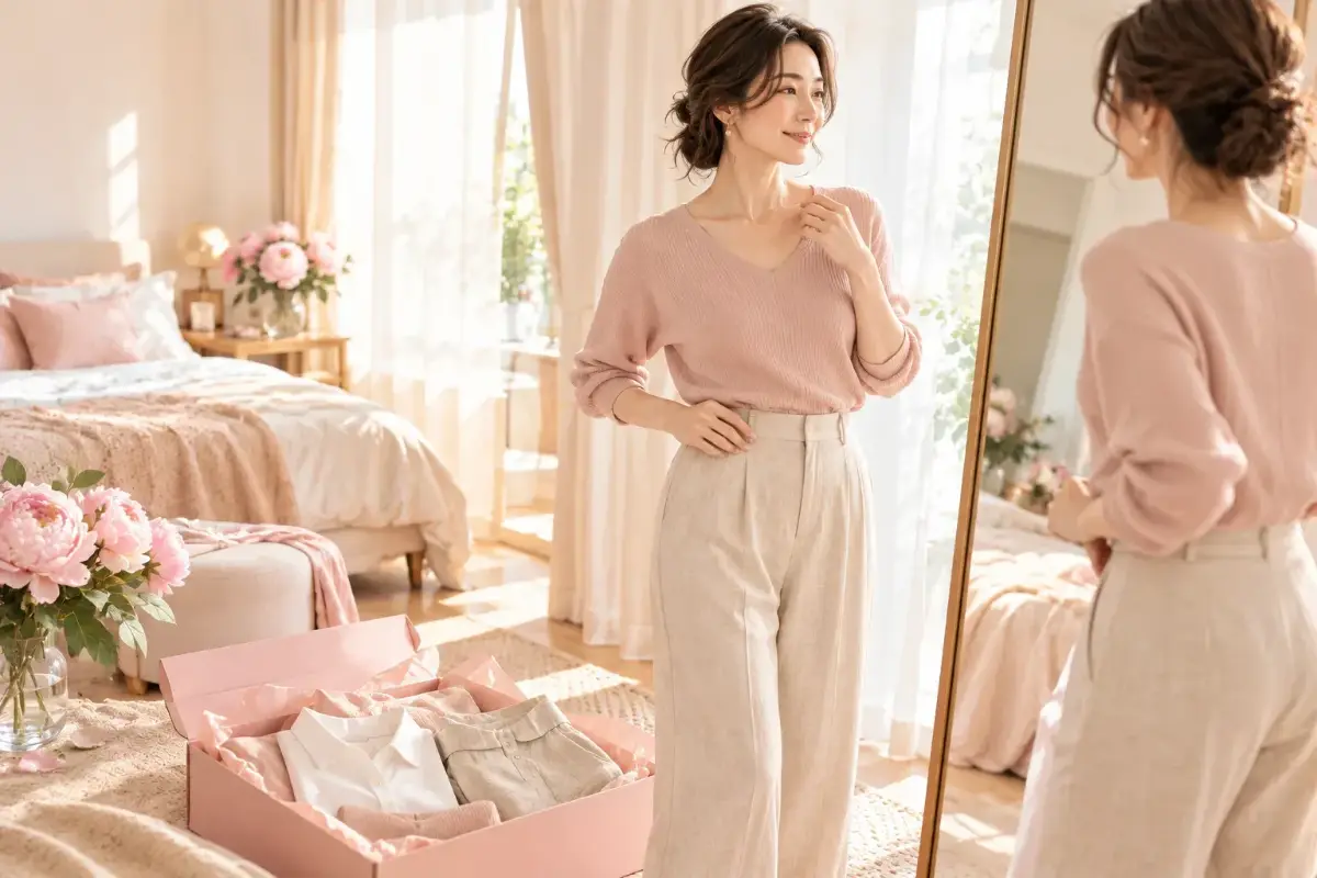 届いたレンタル服を自宅の姿見の前で試着し、シルエットを確認する女性