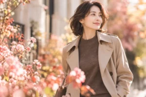 ベージュのトレンチコートにブラウンのニットを合わせた大人女性の秋コーデ